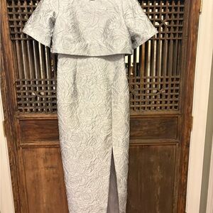 Elegant Silver Floral Jacquard Maxi Dress with Cape Detail